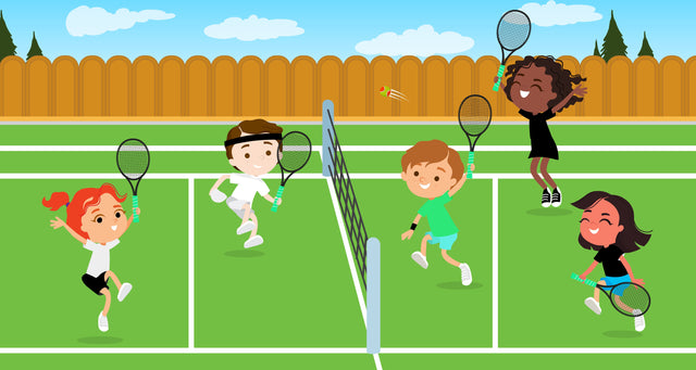 Cartoon kids playing tennis with racquets across a net on a green outdoor court.