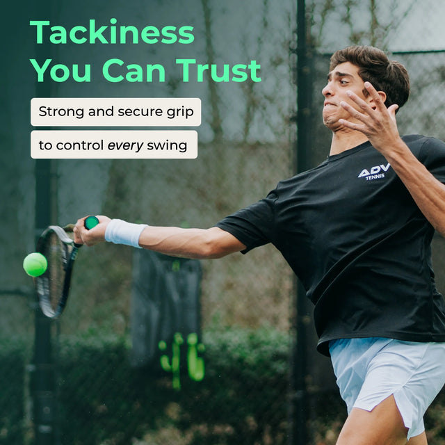 Tennis player hitting a forehand with a MaxTac overgrip-wrapped racquet on court.