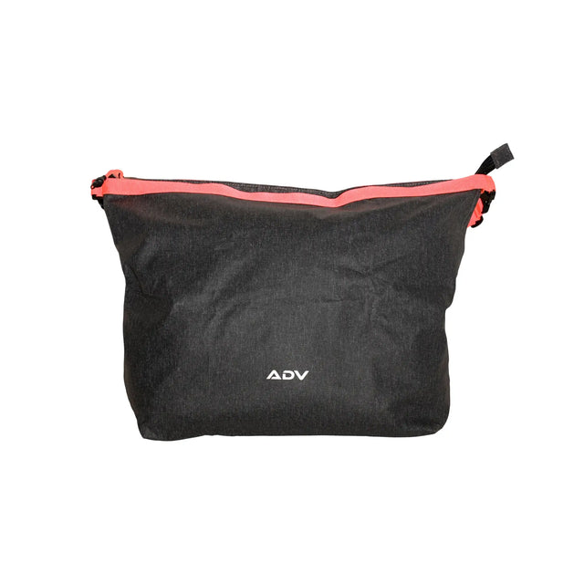 Black ADV zippered accessory pouch with coral-red zipper trim and ADV logo on white background.