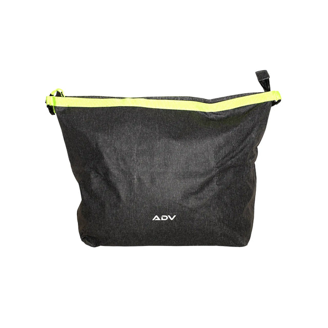 Black ADV zippered accessory pouch with neon yellow zipper trim and ADV logo on white background.
