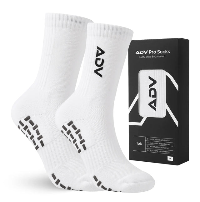 ADV Pro Socks white crew tennis socks with grip pads, shown with retail packaging