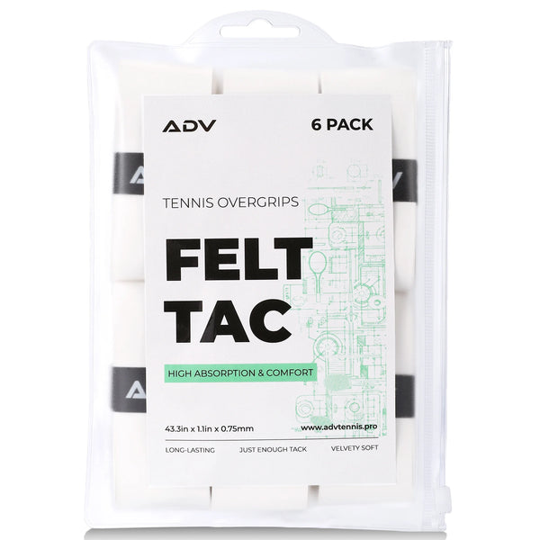 FeltTac white tennis overgrips 6-pack in ADV retail packaging labeled high absorption and comfort.