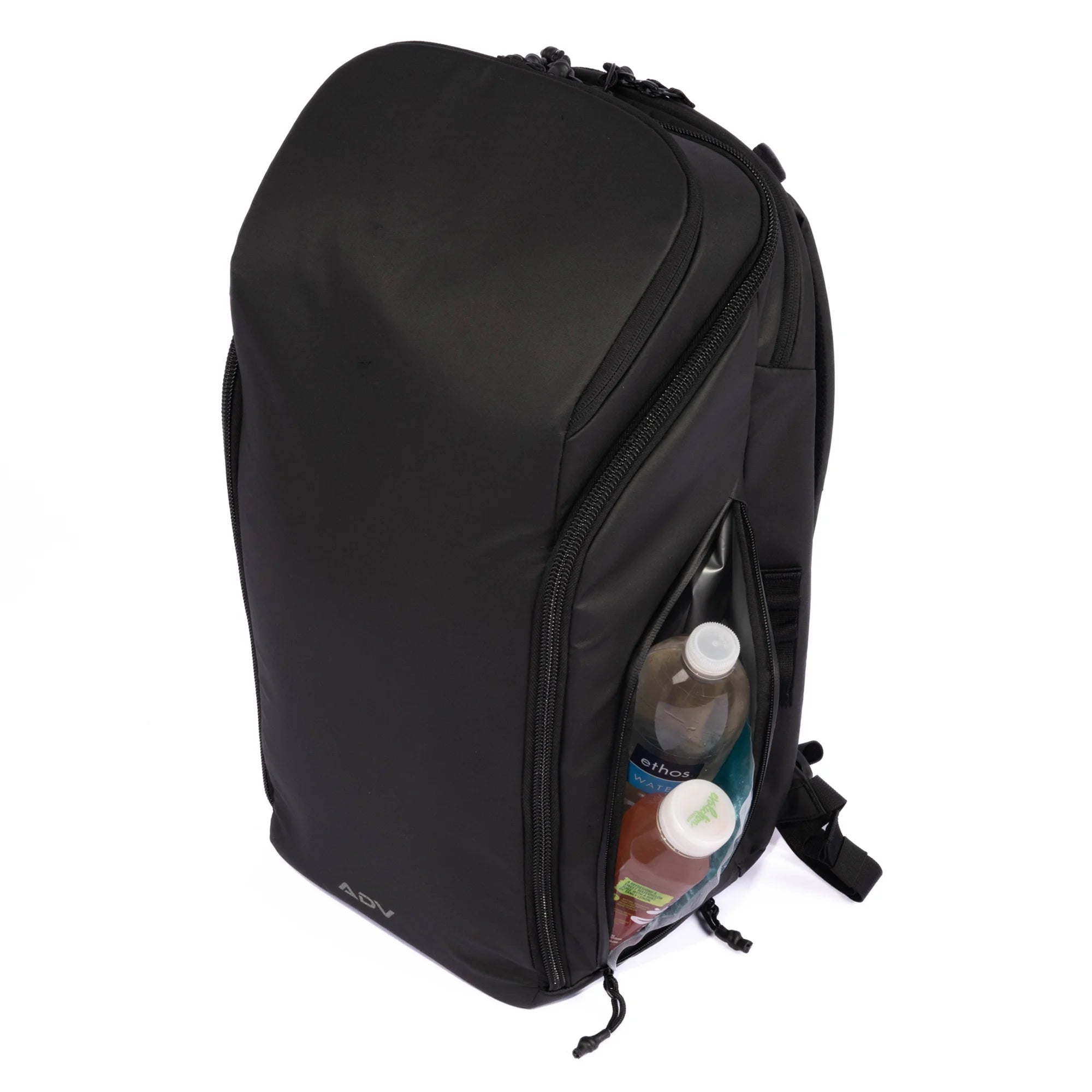 Black tennis bag with side compartments holding water bottles, featuring a sleek design and ADV branding.