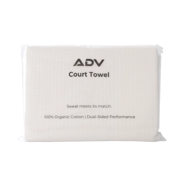 ADV Court Towel packaging featuring the 100% organic cotton dual-sided performance tennis towel.
