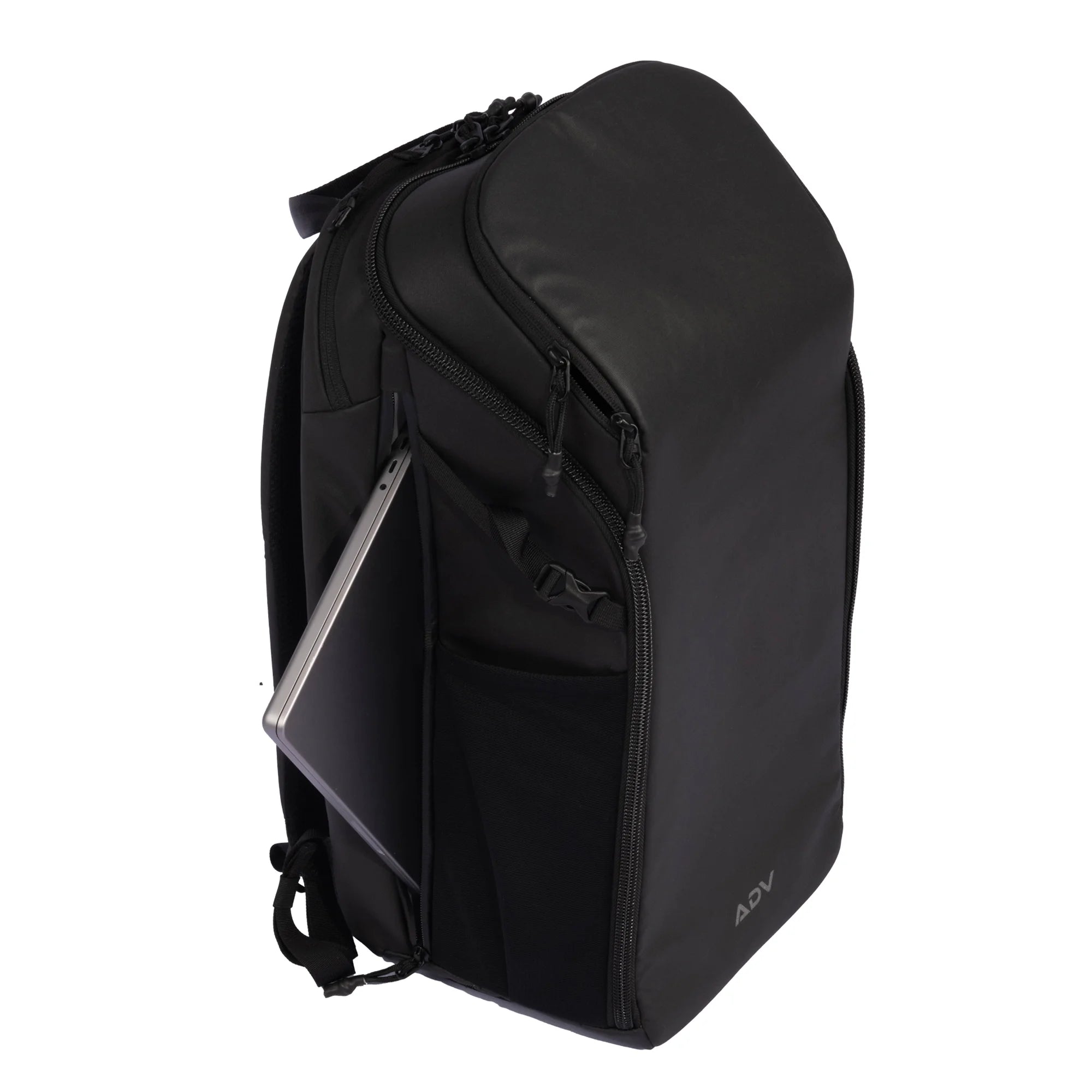 Black modern tennis bag with a dedicated laptop compartment, featuring a sleek, minimalist design and ADV branding.