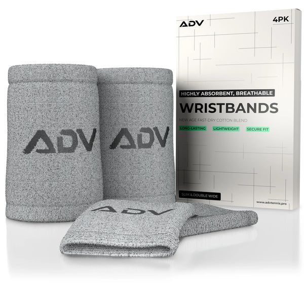 Grey ADV tennis wristbands, 4-pack, shown beside branded retail packaging.
