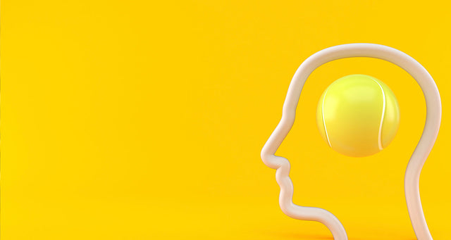 Outlined head profile with a tennis ball as the brain on a yellow background.
