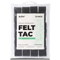 ADV FeltTac black tennis overgrips 12-pack in a resealable zip pouch.