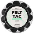 FeltTac black tennis overgrips, 30-pack of rolled grips in a clear round case.
