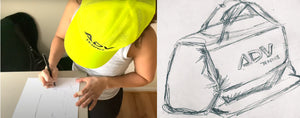 Person in yellow cap drawing a bag sketch labeled 'ADV Tennis.'