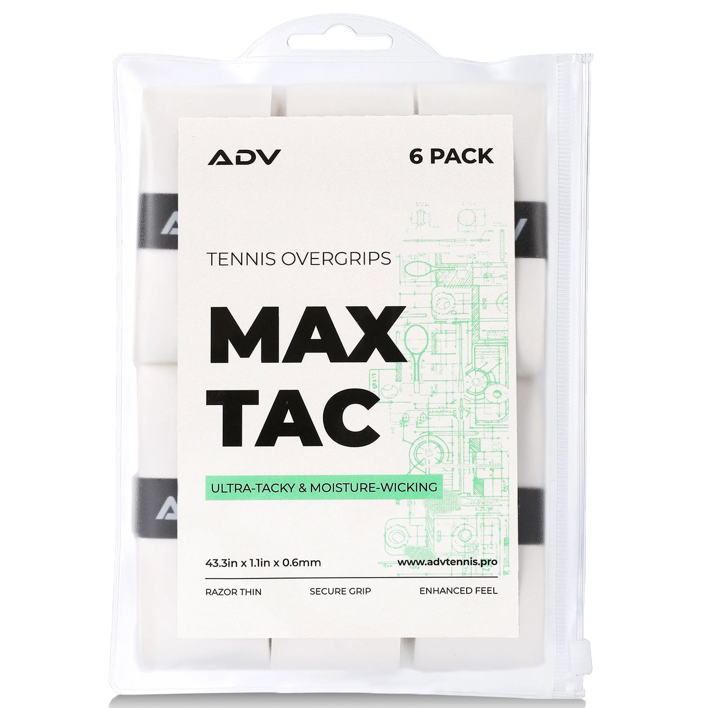 MaxTac white tennis overgrip 6-pack in resealable pouch, labeled ultra-tacky and moisture-wicking.
