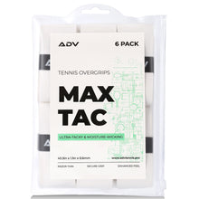 MaxTac white tennis overgrip 6-pack in resealable pouch, labeled ultra-tacky and moisture-wicking.