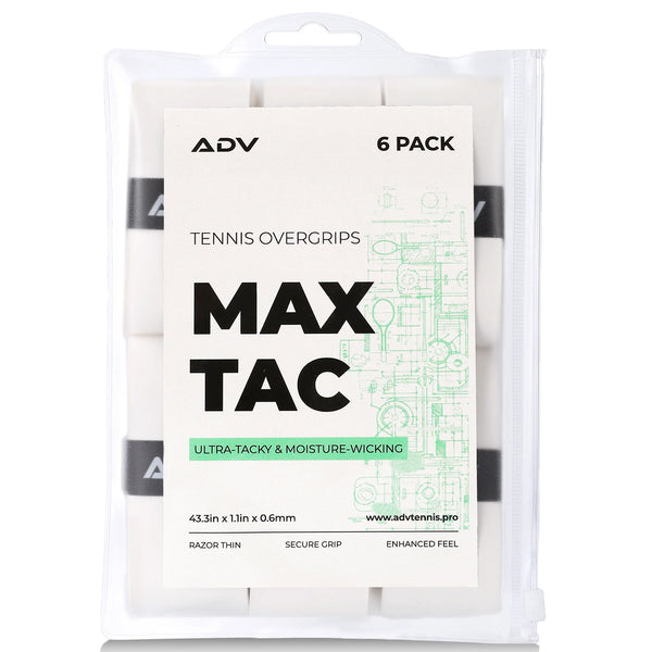 MaxTac white tennis overgrip 6-pack in resealable pouch, labeled ultra-tacky and moisture-wicking.