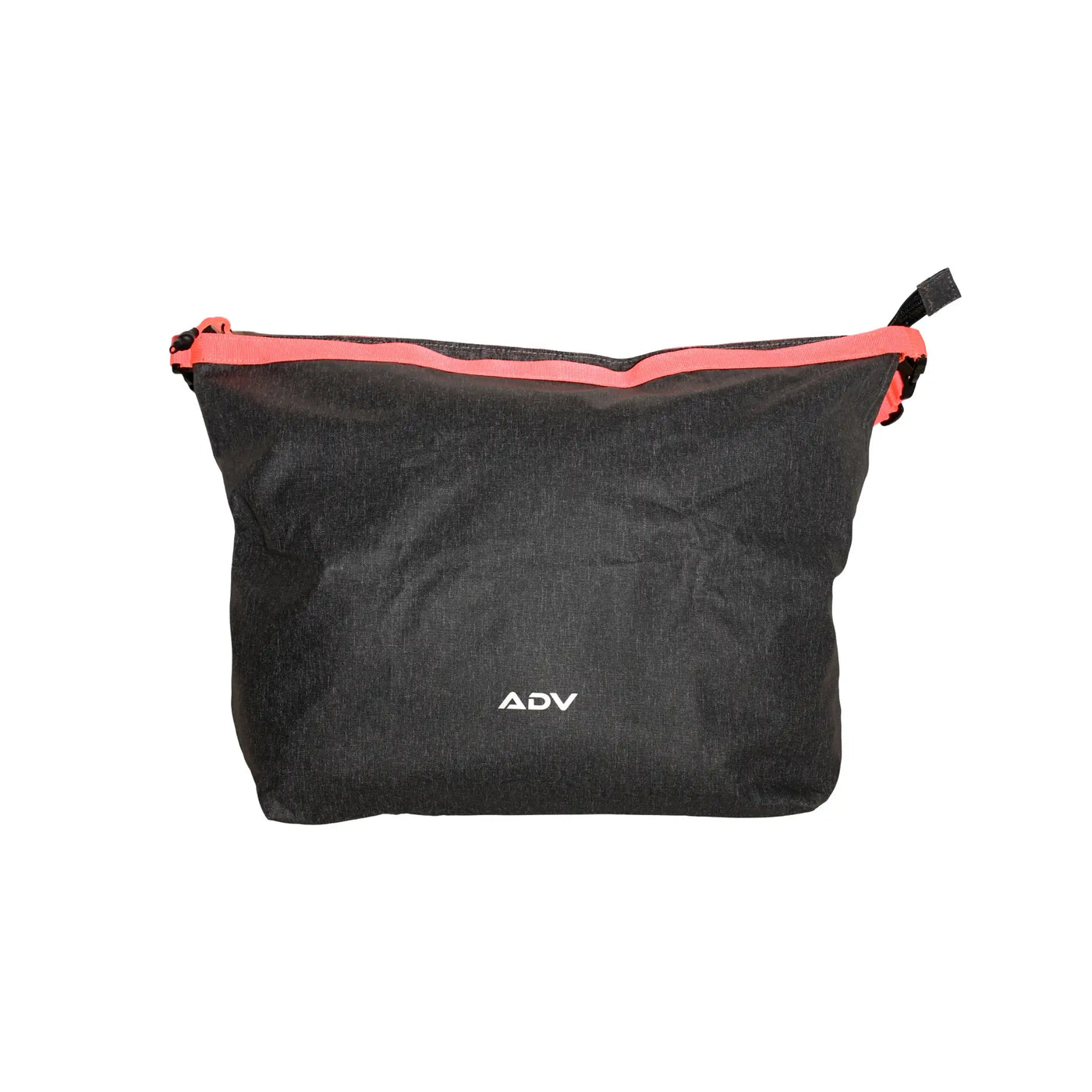 Black ADV zippered accessory pouch with coral-red zipper trim and ADV logo on white background.