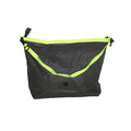 ADV accessory pouch in black with neon yellow strap shown open from above with snap button closure.