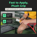 Player on a bench wrapping FeltTac overgrip onto a red tennis racquet handle. No blister hold, absorbent overgrip.