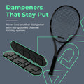 Diagram of ADV grooved-channel dampener that stays put in tennis racket strings, plus close-up detail.