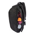 Tennis backpack with shirt pocket featuring a sleek black design and vertical side zipper compartment, shown storing rolled-up shirts—perfect for quick access to clothing or gear on match day.