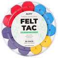 FeltTac tennis overgrips 30-pack in red, blue, purple, and yellow in a round case.