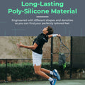 Long-lasting poly-silicone tennis dampener graphic beside a player mid-serve on an outdoor court.