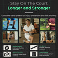 ADV resistance band system for tennis training: monster band, hip band, warm-up cord, and stretch band in use.
