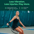Player ready on court with racquet, promoting ADV dampeners: less vibration, fewer injuries.