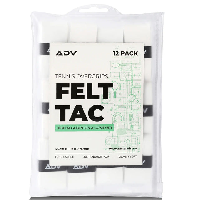 ADV FeltTac tennis overgrip 12-pack, white tacky felt grip tape for racquet handles