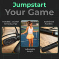 Jump rope infographic: built-in jump counter, cushioned handles, adjustable length, player skipping on tennis court.