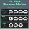 Installation guide showing ADV Max Sorb, Sorb, and Touch tennis vibration dampeners fitted onto racquet strings.