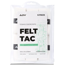 FeltTac white tennis overgrips 6-pack in ADV retail packaging labeled high absorption and comfort.