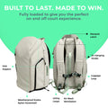 ADV Tennis Backpack V2 in Dune tan, front and back view with feature callouts: racquet latch, YKK zippers, weatherproof nylon shell, and air mesh ventilation