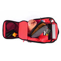 Open tennis bag with bright red interior, featuring organized compartments holding a towel, jump rope, laptop, and accessories.