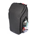 Gray tennis bag with side compartments holding bottles, featuring a modern design and red zipper accents.