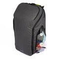 Gray tennis bag with side compartments holding bottles, featuring a modern design and green zipper accents.