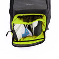 Gray tennis bag with a vibrant green shoe compartment, storing athletic shoes and clothing, and featuring ADV branding.