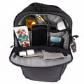 Black tennis bag with an organized front compartment holding snacks, sunglasses, phone, wallet, keys, and accessories.