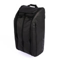 Black racket backpack standing upright with multiple zippered compartments and a sleek, structured design.