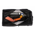 Tennis backpack with pockets neatly packed with gear including a towel, resistance bands, massage roller, and accessories.