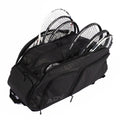 6 racket tennis backpack with two large compartments unzipped to reveal multiple racquets neatly stored inside.