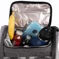 Tournament tennis bag with built-in cooler compartment holding drinks, banana, and ice pack for on-the-go hydration.
