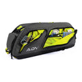 Gray tennis bag with multiple zippered compartments open, showing organized storage for phone, keys, cash, and accessories.