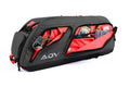 Tennis backpack with storage compartments featuring multiple zippered pockets for organizing keys, cash, cards, and accessories, with a sleek gray exterior and bright red interior for easy visibility.