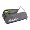 Large gray tennis bag with a side zip pocket holding a laptop and bright green interior compartments.