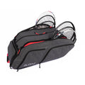 Tennis racket backpack in charcoal gray with multiple padded compartments, shown holding several rackets securely, designed for competitive players needing organized storage for gear and accessories.