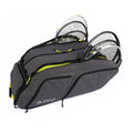 Tennis racquet backpack with multiple compartments holding several racquets, shown open on a white background.