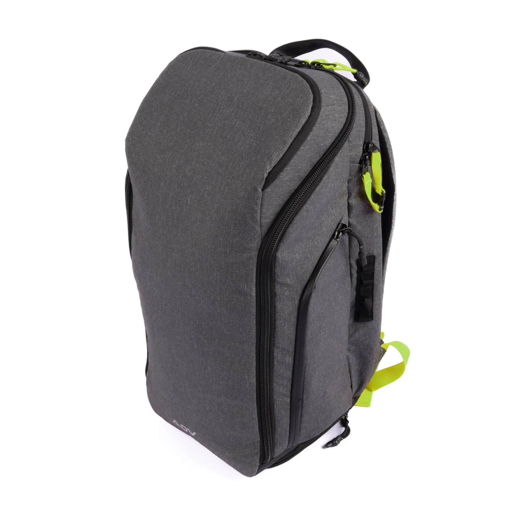 Tournament tennis backpack in sleek charcoal gray with neon accents, featuring multiple zippered compartments and a structured design for carrying rackets, gear, and essentials with organized efficiency.
