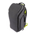 Tournament tennis backpack in sleek charcoal gray with neon accents, featuring multiple zippered compartments and a structured design for carrying rackets, gear, and essentials with organized efficiency.