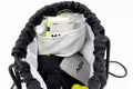 Inside view of the ADV drawstring tennis bag packed with overgrips, socks, a water bottle, and tennis balls.