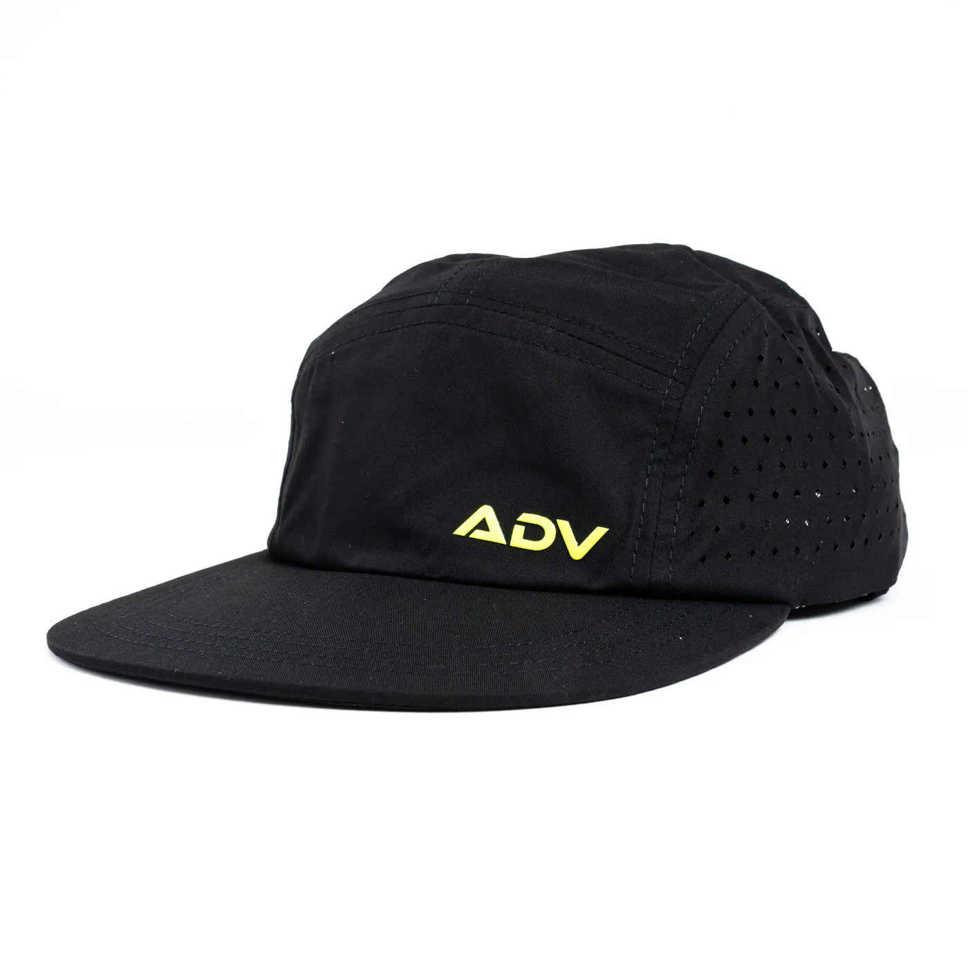 Black ADVantage tennis cap with volt yellow logo and perforated side panels for ventilation.