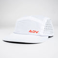 White ADVantage tennis cap with orange logo and perforated side panel venting.